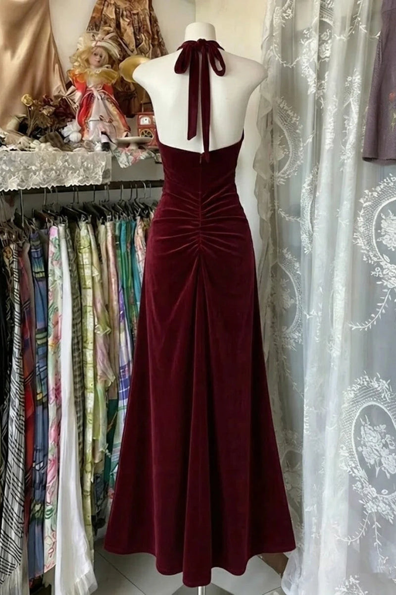 Velvet V-Neck Halter Backless A-Line Classic Party Prom Dress