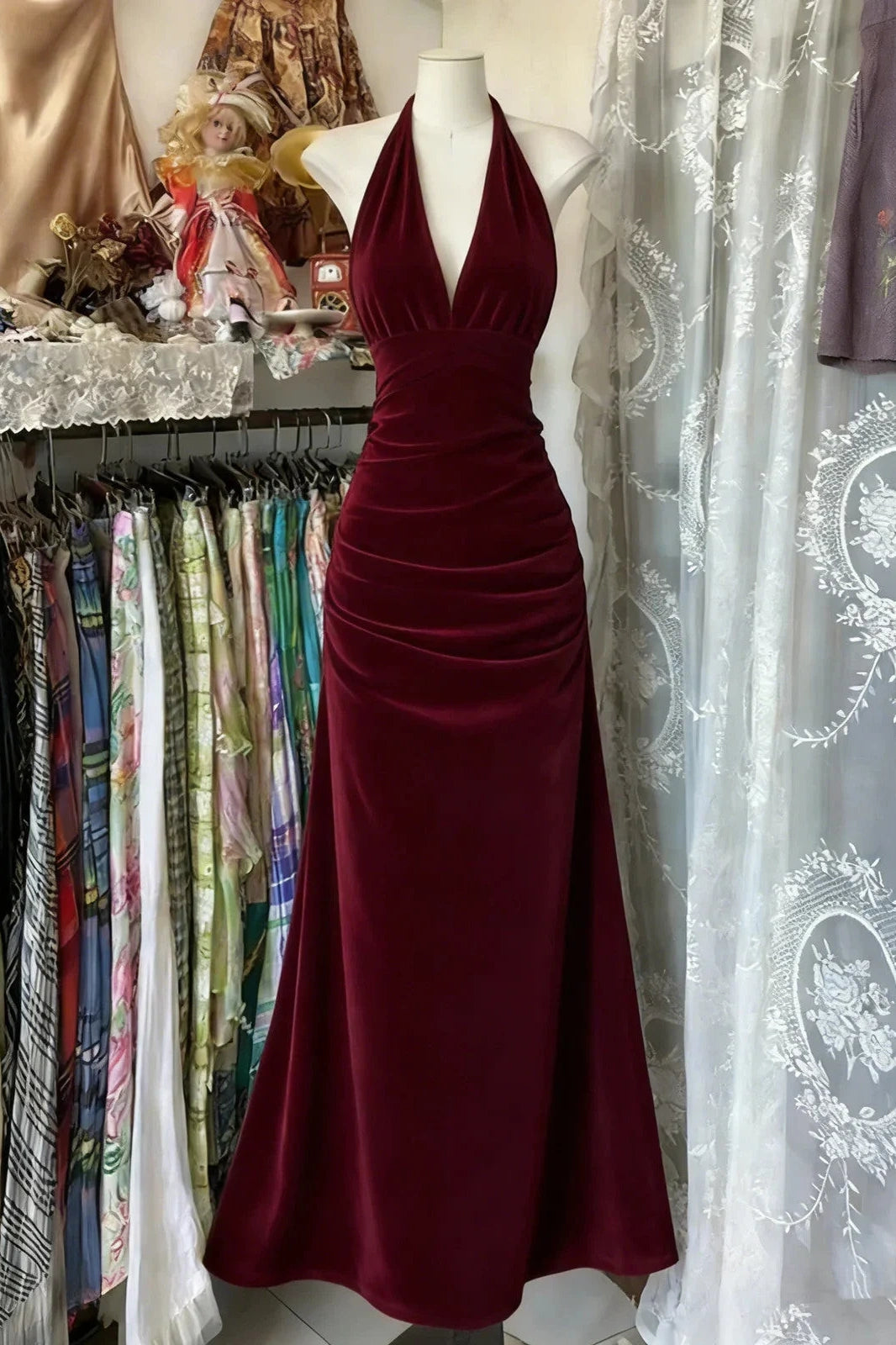 Velvet V-Neck Halter Backless A-Line Classic Party Prom Dress