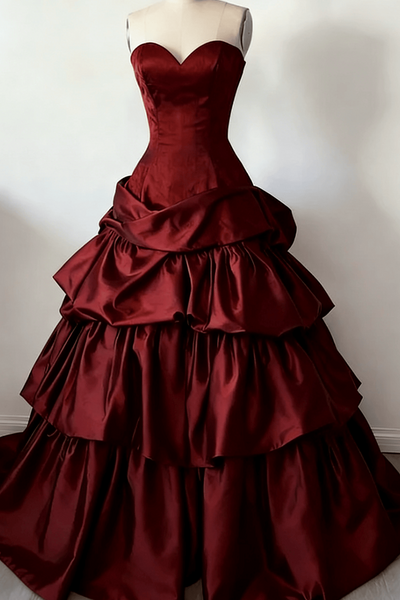 Vintage Satin A-Line Sweetheart Strapless Tiered Prom Gown