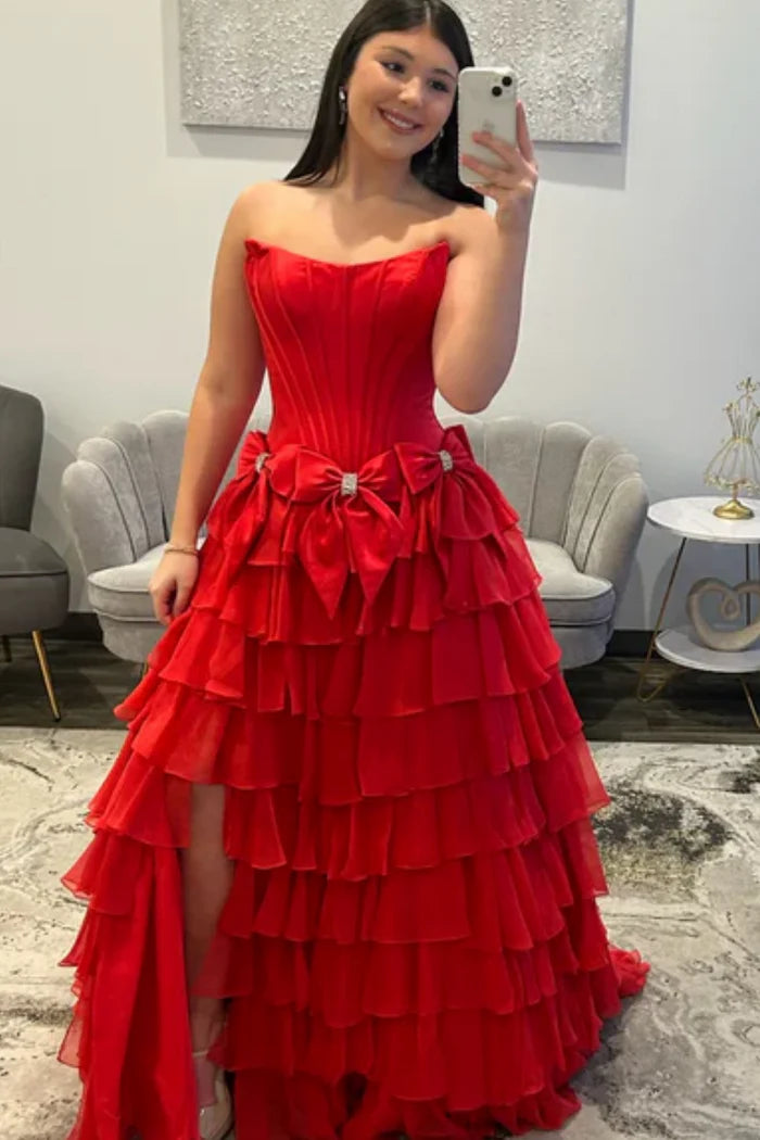 Strapless Ruffle A-Line Slit Prom Dress with 3D Bow