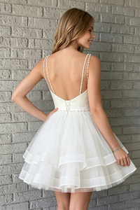 White A-Line Backless Pearl Straps Tiered Homecoming Dress