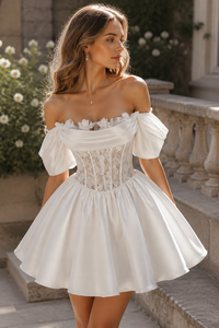 White A-Line Two Tone Off-Shoulder Short Homecoming Dress