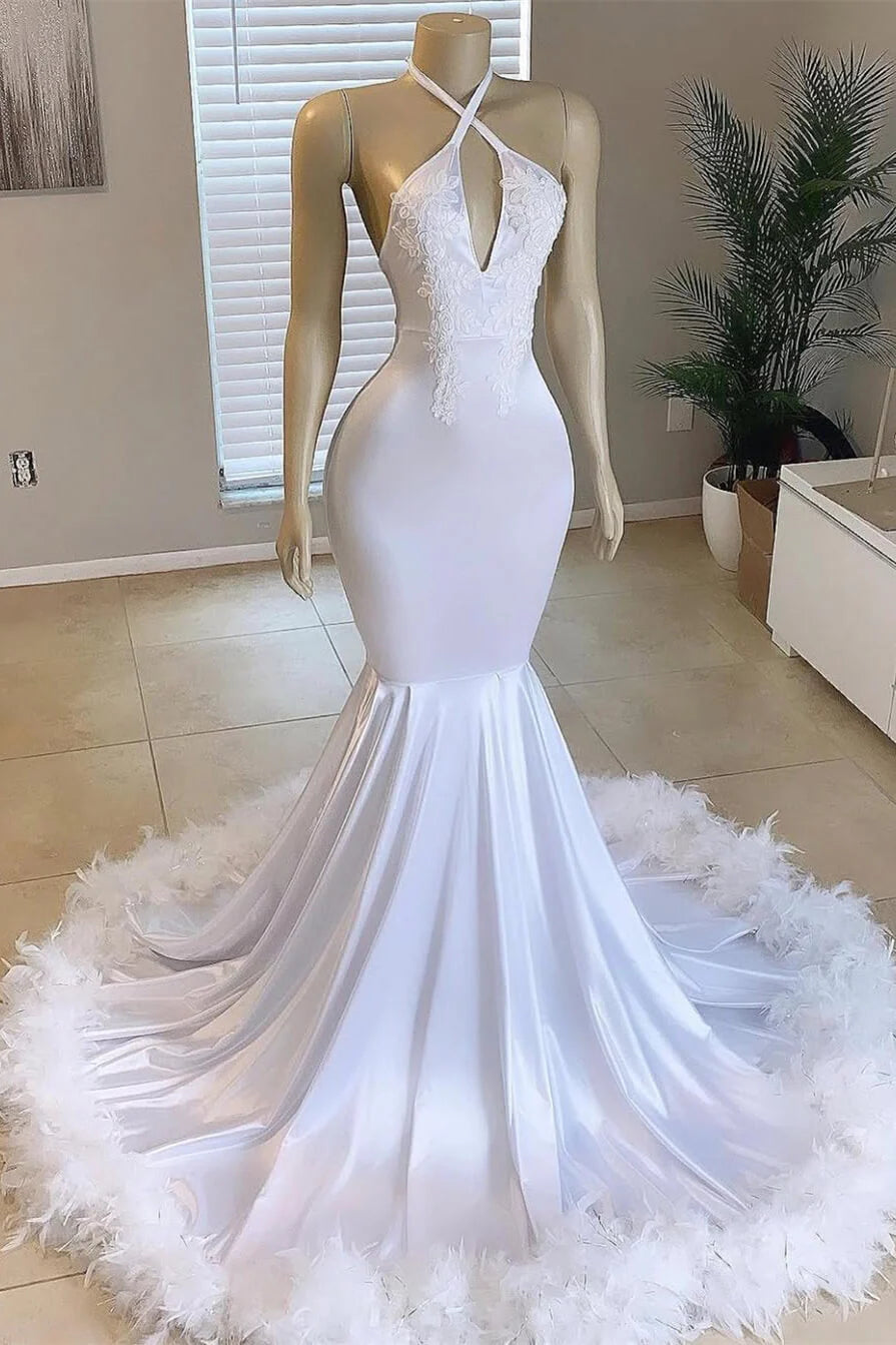 White Halter Sleeveless Mermaid Prom Dress For Black Women