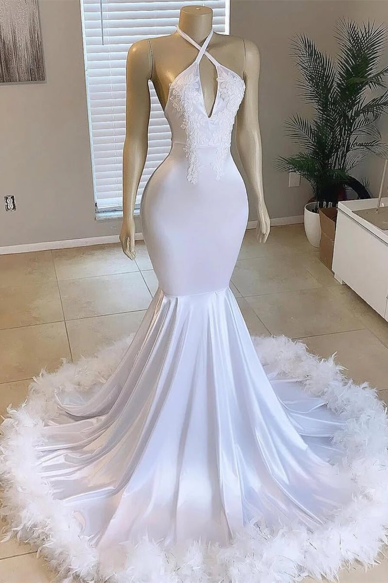White Halter Sleeveless Mermaid Prom Dress For Black Women