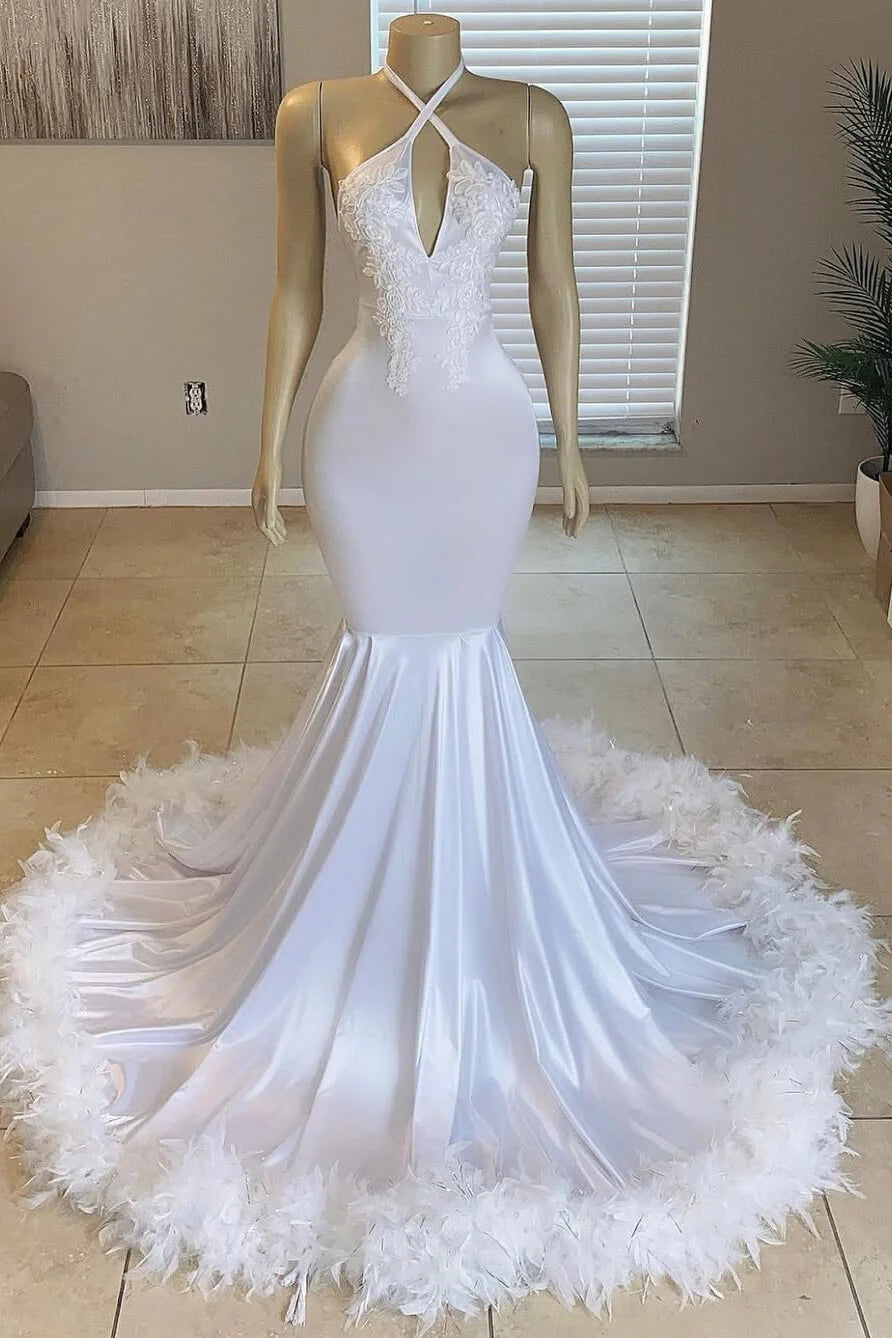 White Halter Sleeveless Mermaid Prom Dress For Black Women