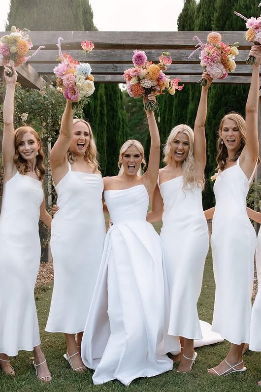 White Satin Square Straps Midi Fitted Bridesmaid Dress