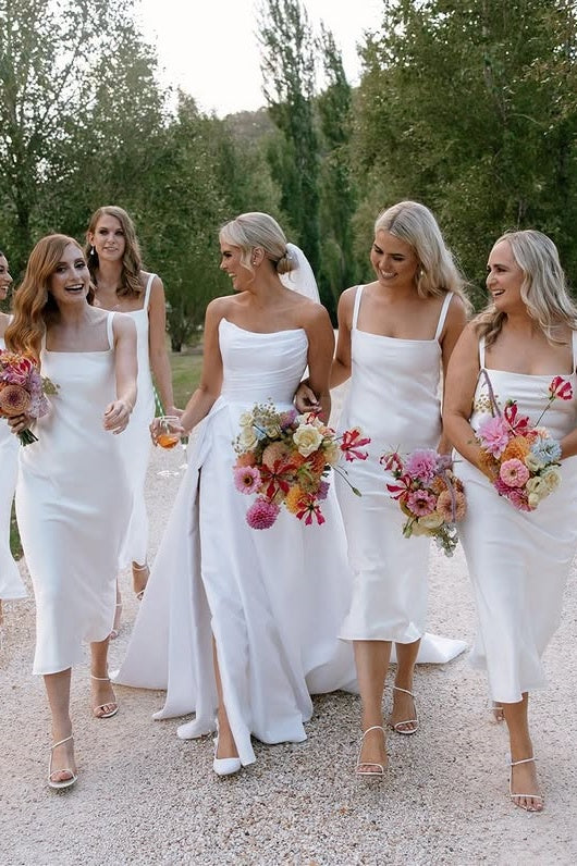 White Satin Square Straps Midi Fitted Bridesmaid Dress