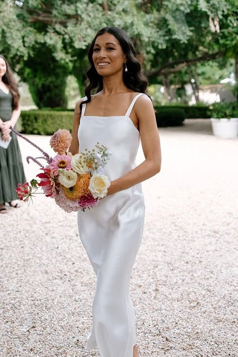 White Satin Square Straps Midi Fitted Bridesmaid Dress