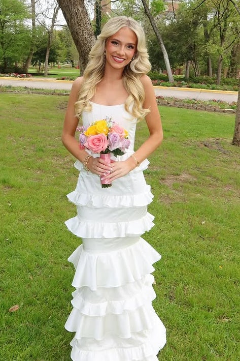 White Satin Strapless Ruffle Tiered Mermaid Party Prom Dress