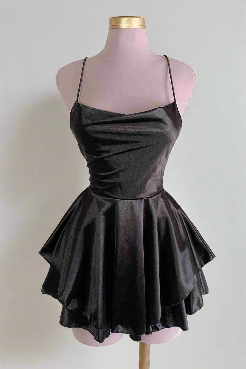 White Straps Lace-Up A-Line Short Party Dress Black Color Full Shot