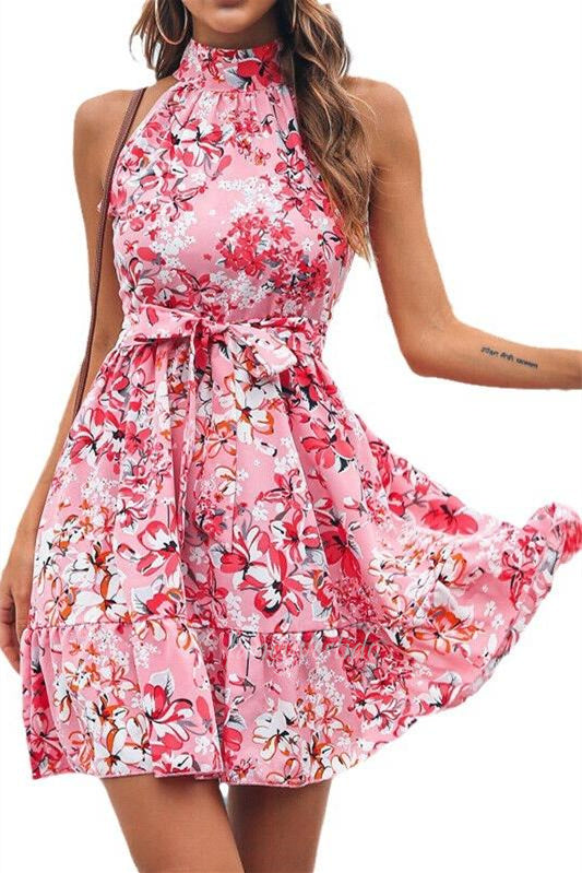 Halter Blue Floral Print Summer Dress Beach Dress