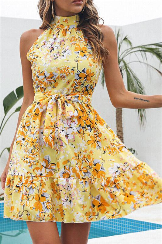 Halter Blue Floral Print Summer Dress Beach Dress