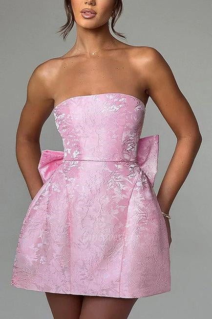 Strapless Pink Brocade Graduation Homecoming Dress with Bow