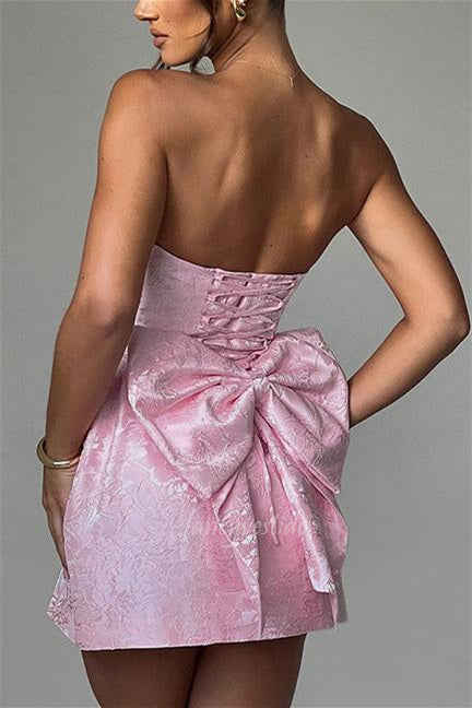Strapless Pink Brocade Graduation Homecoming Dress with Bow