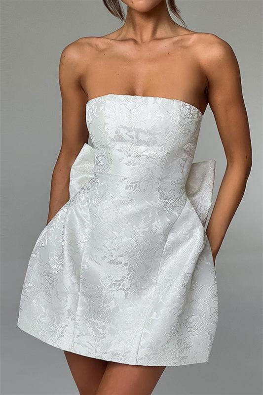 Strapless Pink Brocade Graduation Homecoming Dress with Bow