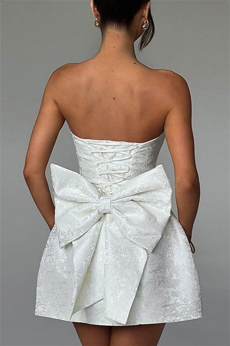 Strapless Pink Brocade Graduation Homecoming Dress with Bow