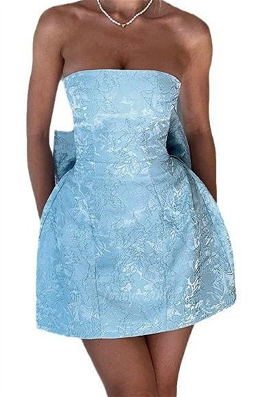 Strapless Pink Brocade Graduation Homecoming Dress with Bow