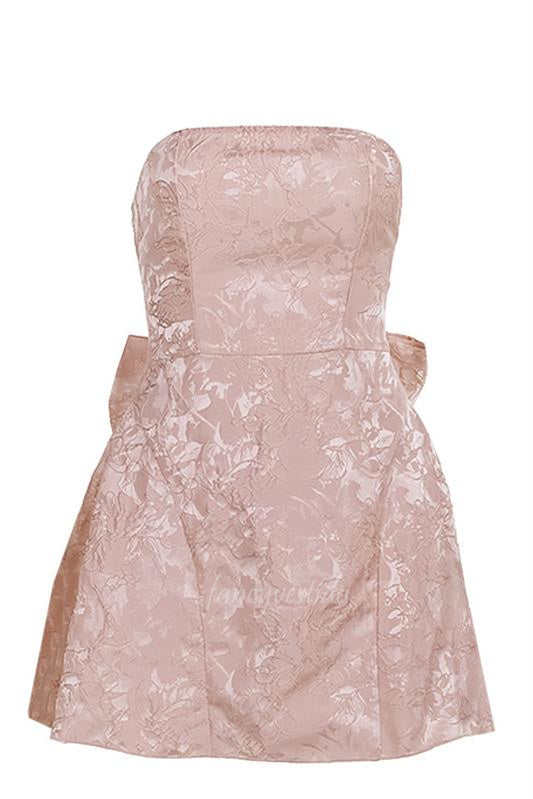 Strapless Pink Brocade Graduation Homecoming Dress with Bow