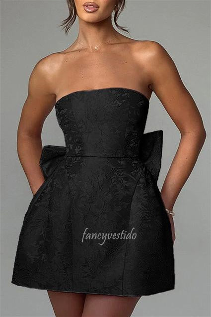 Strapless Pink Brocade Graduation Homecoming Dress with Bow