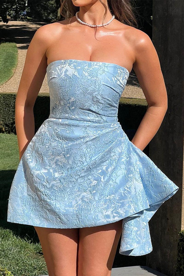 Strapless Pink Brocade Ruffle Homecoming Dress Summer Dress