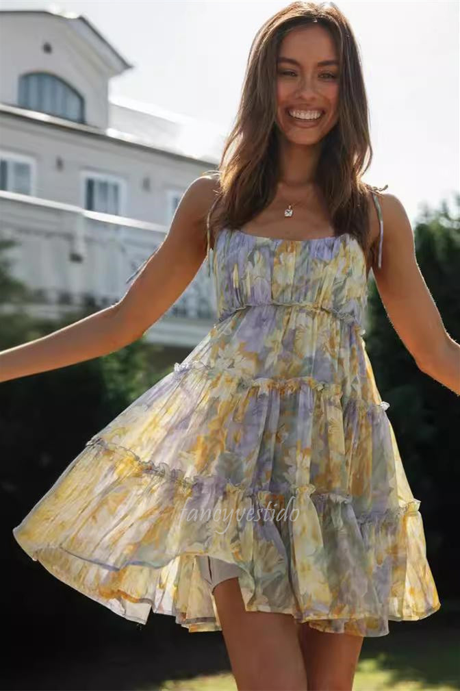 Straps Floral Print A-Line Summer Dress Beach Dress