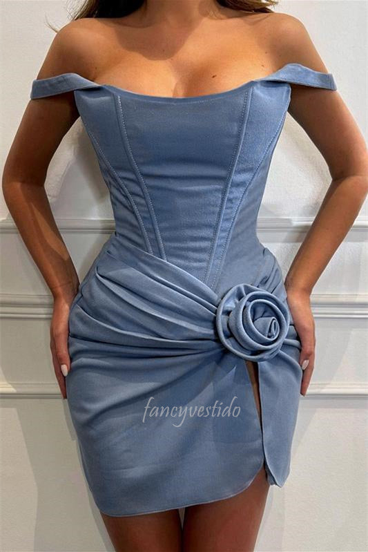 Off Shoulder Slit Short Summer Dress with 3D Floral