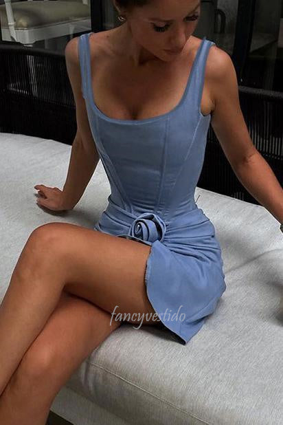 Off Shoulder Slit Short Summer Dress with 3D Floral