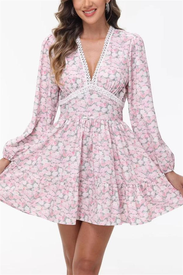 Long Sleeves V-Neck Floral Summer Dress Beach Dress