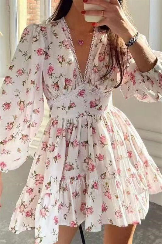 Long Sleeves V-Neck Floral Summer Dress Beach Dress