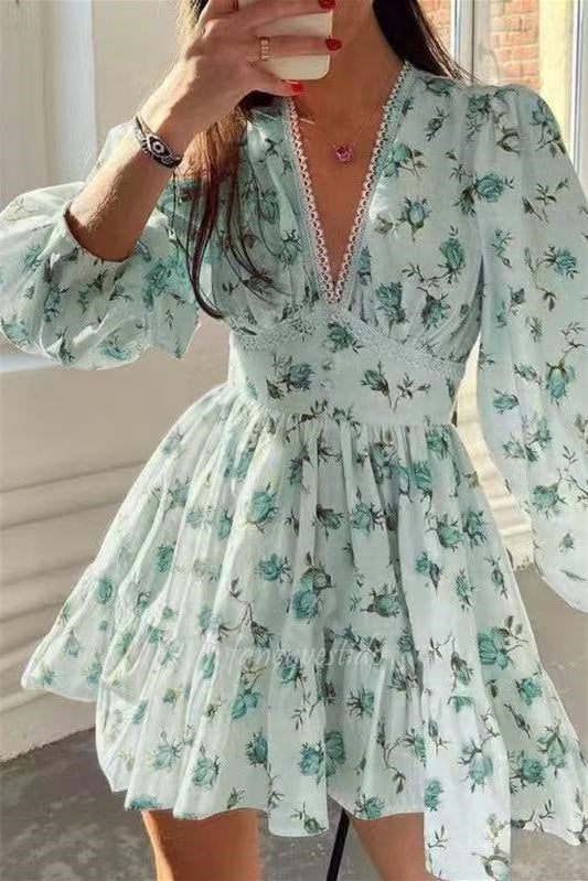 Long Sleeves V-Neck Floral Summer Dress Beach Dress
