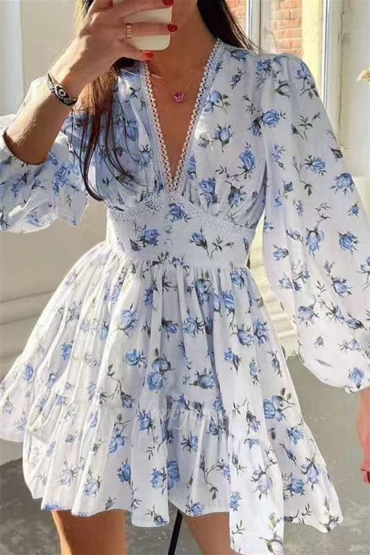 Long Sleeves V-Neck Floral Summer Dress Beach Dress
