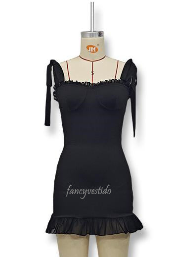 Bow Tie Straps Tight Short Summer Dress with Ruffle Hem