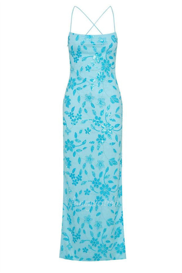 Spaghetti Straps Sequin Applique Evening Prom Dress