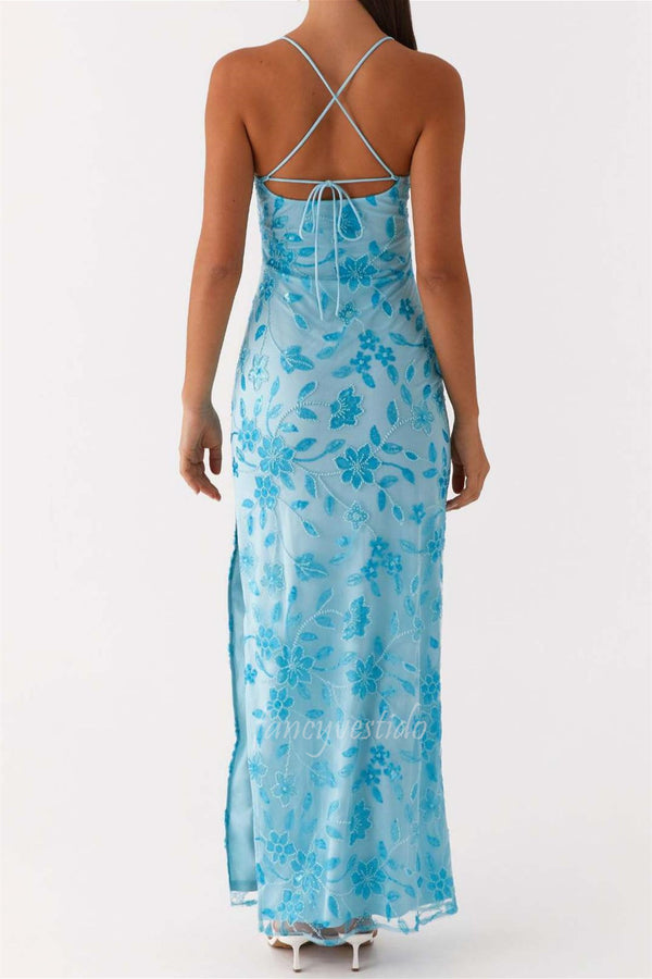 Spaghetti Straps Sequin Applique Evening Prom Dress