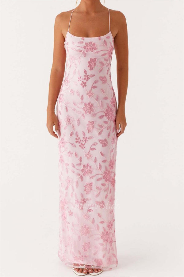 Spaghetti Straps Sequin Applique Evening Prom Dress