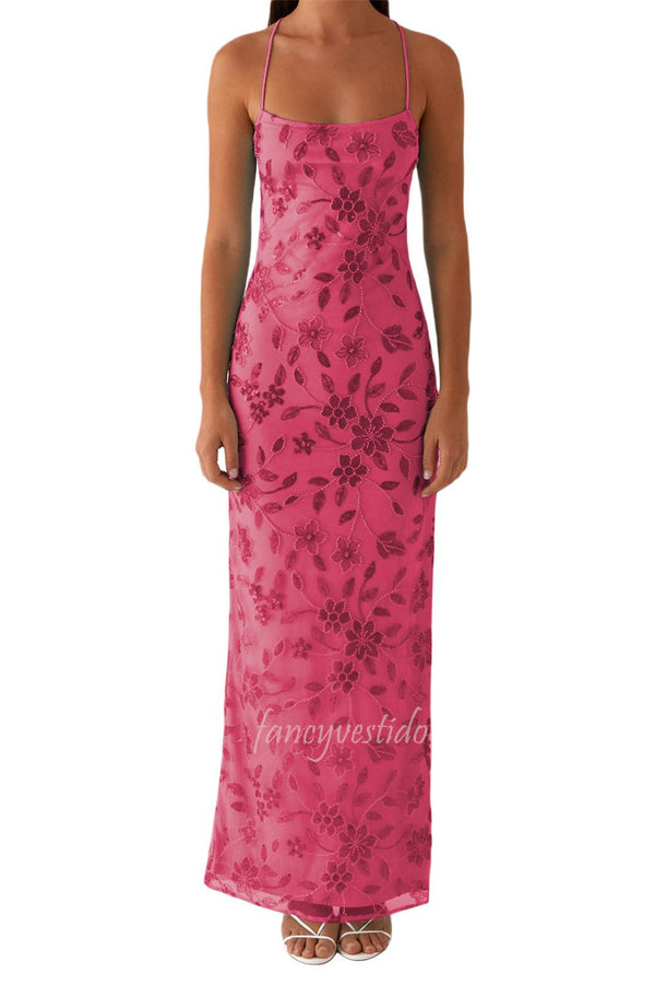 Spaghetti Straps Sequin Applique Evening Prom Dress