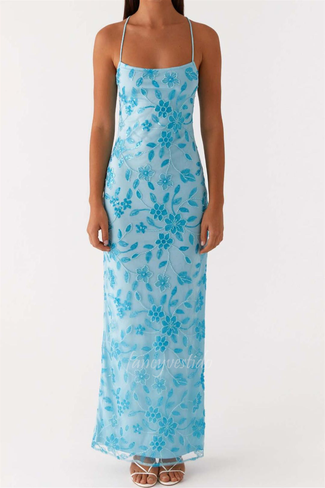 Spaghetti Straps Sequin Applique Evening Prom Dress
