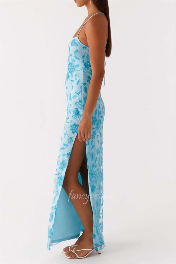 Spaghetti Straps Sequin Applique Evening Prom Dress