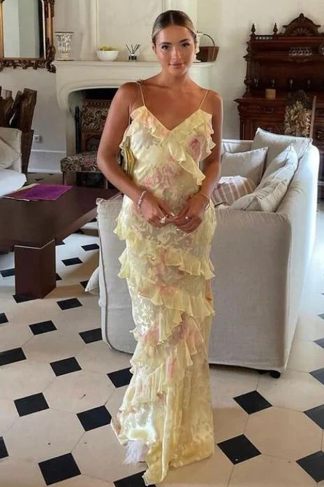 Spaghetti Straps Floral Layered Maxi Dress Party Prom Dress