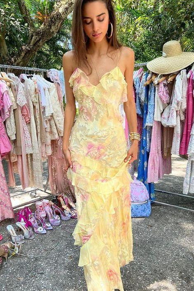 Spaghetti Straps Floral Layered Maxi Dress Party Prom Dress