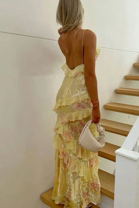 Spaghetti Straps Floral Layered Maxi Dress Party Prom Dress
