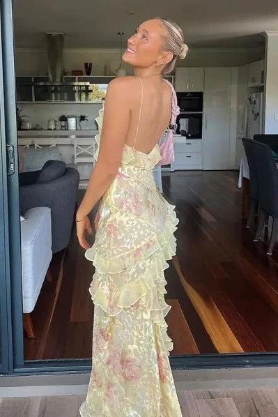Spaghetti Straps Floral Layered Maxi Dress Party Prom Dress