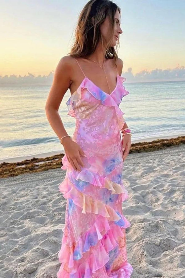 Spaghetti Straps Floral Layered Maxi Dress Party Prom Dress