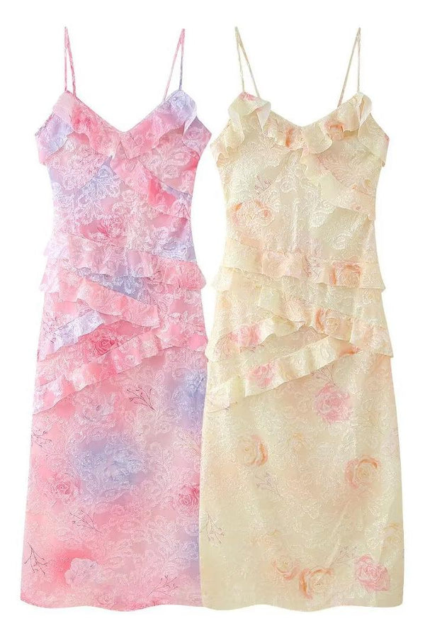 Spaghetti Straps Floral Layered Maxi Dress Party Prom Dress