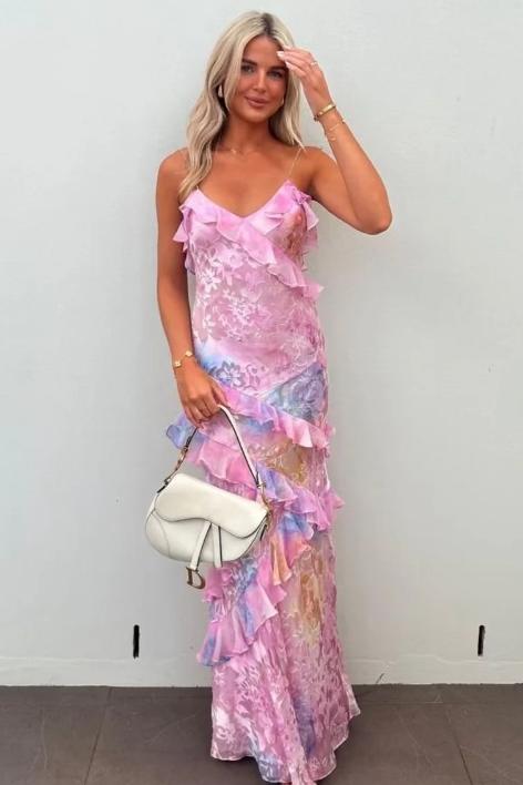 Spaghetti Straps Floral Layered Maxi Dress Party Prom Dress