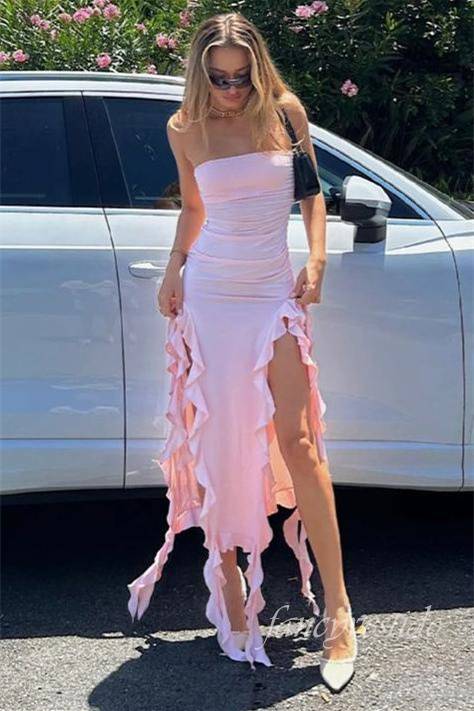 Chic Pink Asymmetrical Prom Dress with High Slit