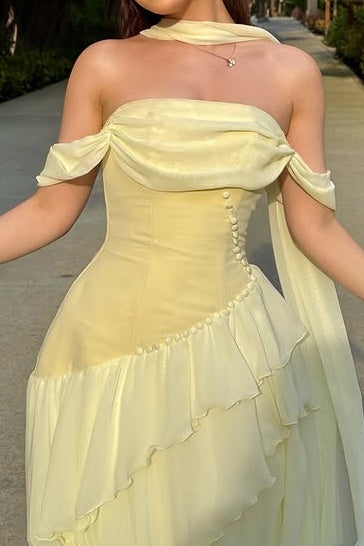 Yellow A-Line Off-Shoulder Tiered Chiffon High Waist Party Prom Dress