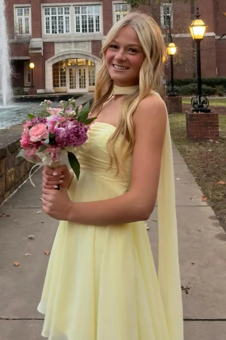 Yellow Chiffon A-Line Strapless Short Homecoming Dress