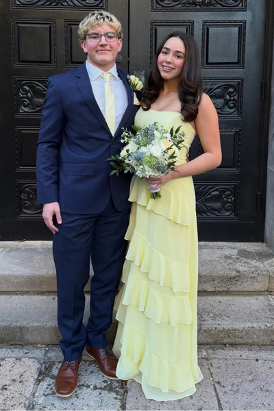 Yellow Chiffon A-Line Strapless Tiered Maxi Party Prom  Dress