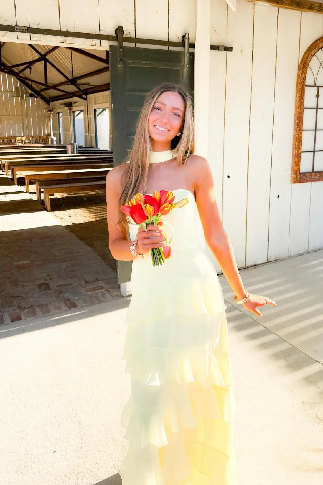 Yellow Chiffon A-Line Strapless Tiered Maxi Party Prom  Dress